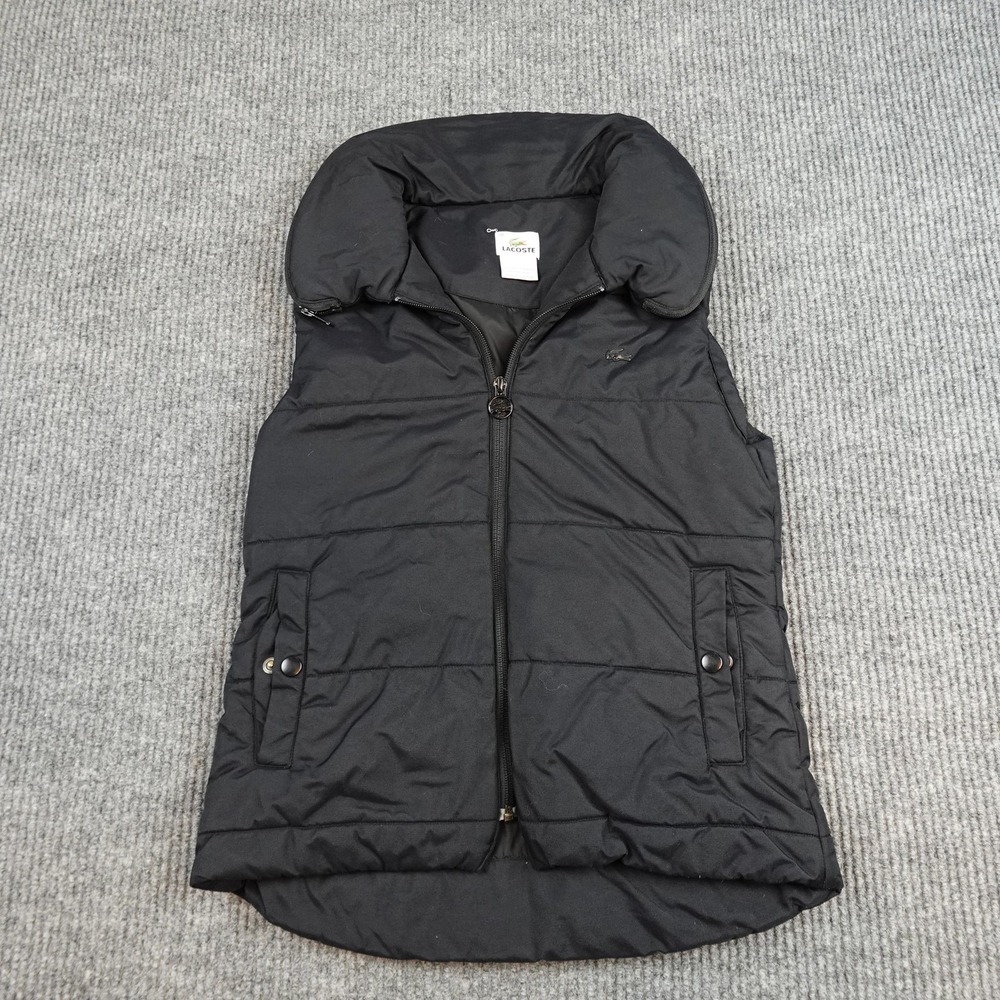 Lacoste Puffer Vest Womens 38 Black Full Zip Collared Quilted Logo Insulated